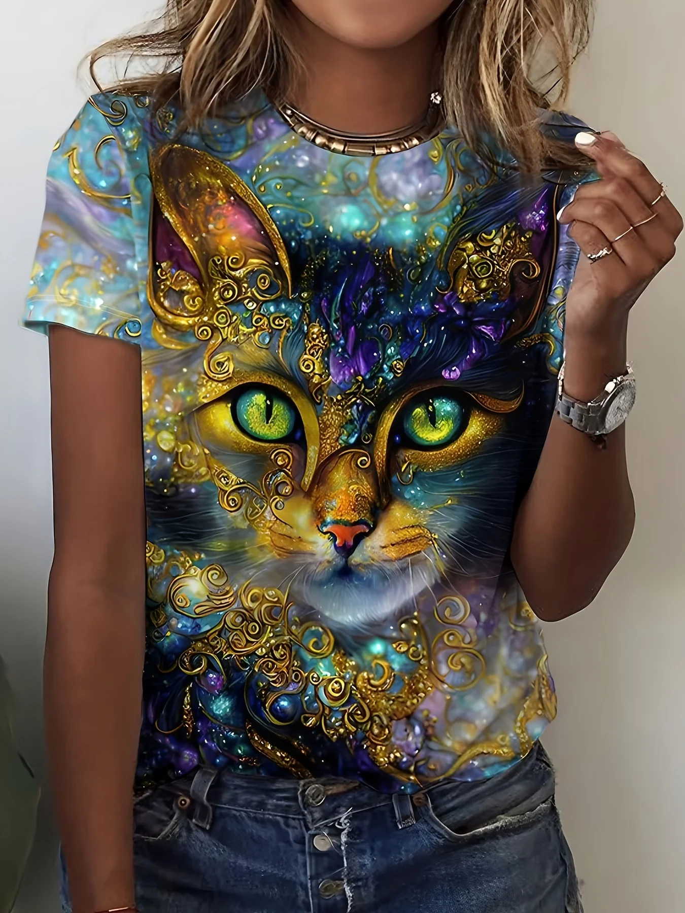 Colorful Cat Print Crew Neck T-Shirt, Casual Short Sleeve Top For Spring & Summer, Women’s Clothing