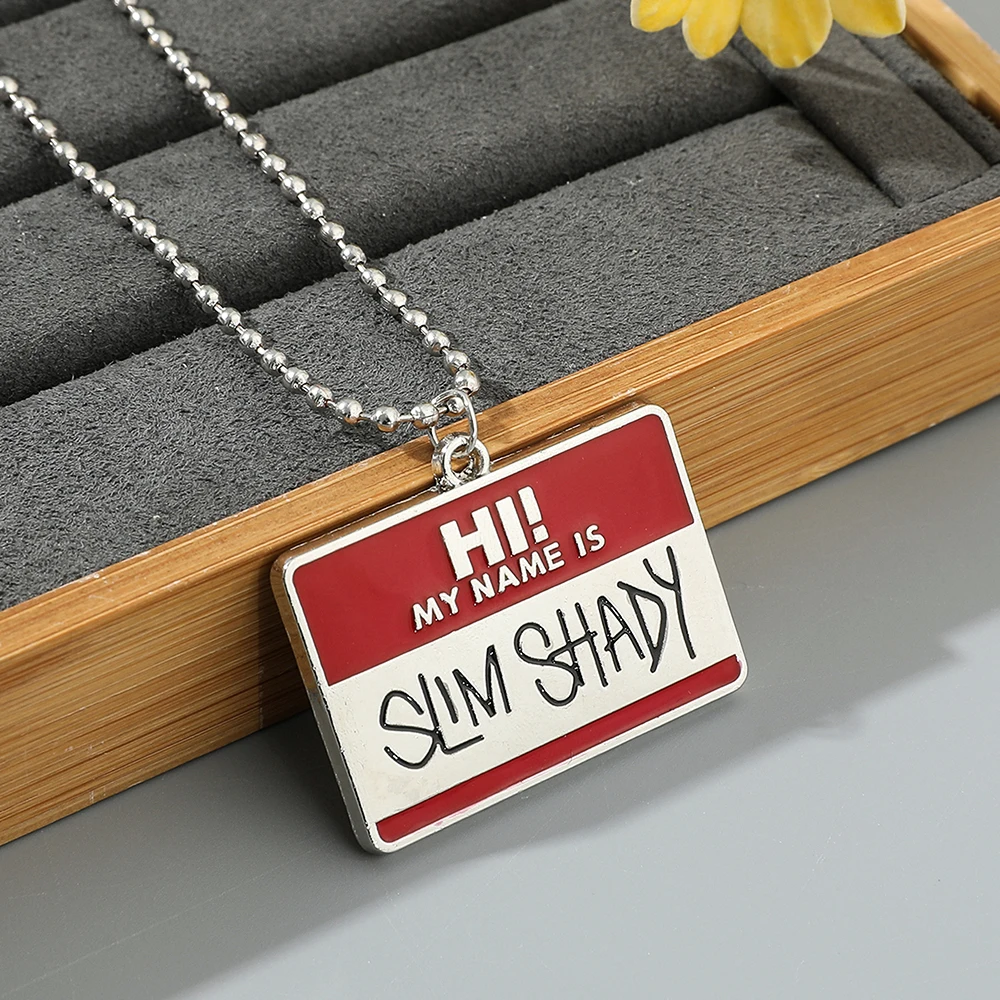 Cool Hi My Name Is Slim Shady Square Pendant Necklaces for Men Boys Personalized Accessory Bead Chain Jewelry Gifts for Friends
