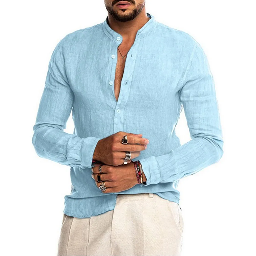 Cotton Linen Hot Sale Men’s Long-Sleeved Shirts Summer Solid Color Stand-Up Collar Casual Beach Style Plus Size