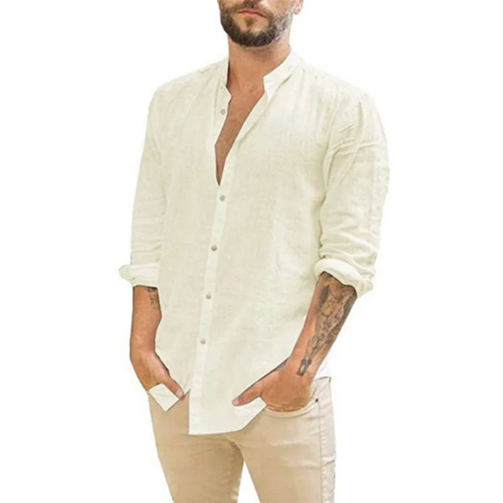 Cotton Linen Hot Sale Men’s Long-Sleeved Shirts Summer Solid Color Stand-Up Collar Casual Beach Style Plus Size