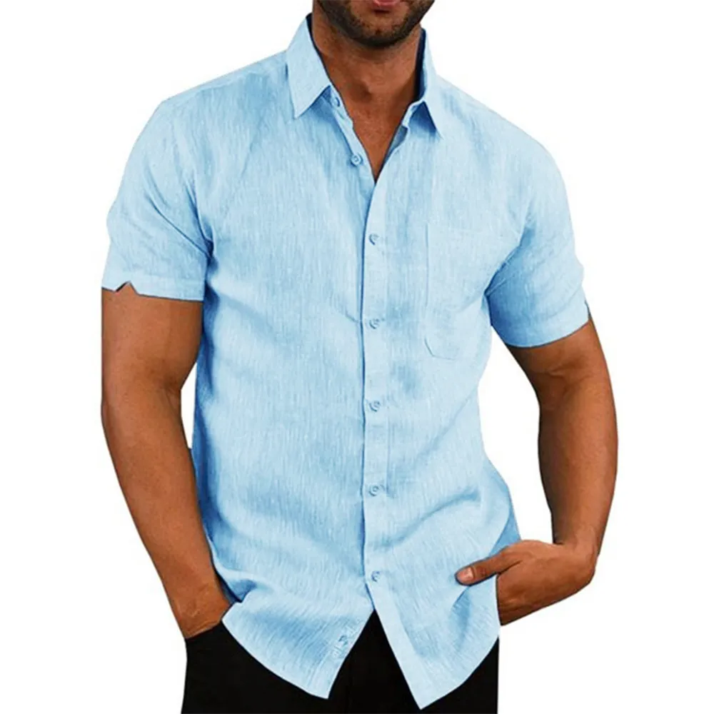 Cotton Linen Hot Sale Men’s Short-Sleeved Shirts Summer Solid Color Turn-down collar Casual Beach Style Plus Size