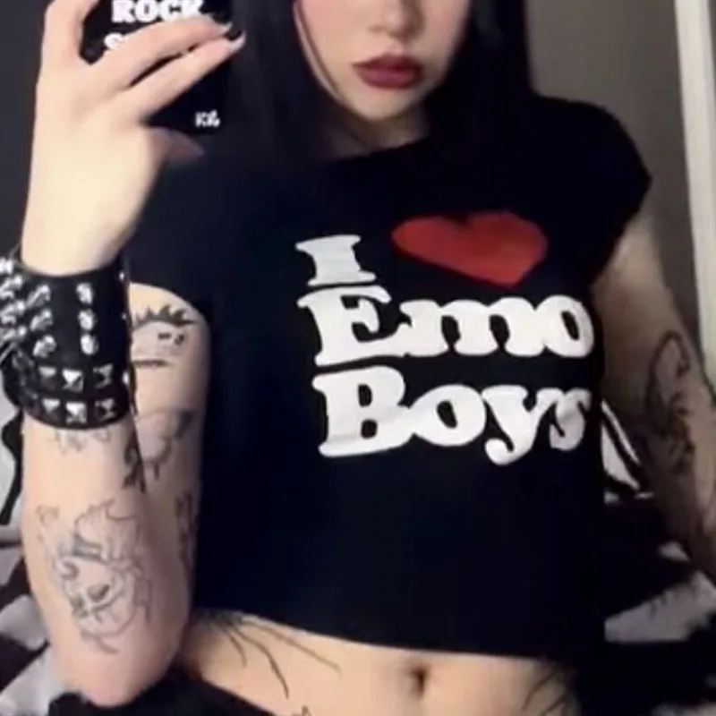 Cute Aesthetic Baby Tee Vintage Women I Love Emo Boy Print Casual Punk Streetwear Grunge T-shirt Y2k Clothes Gothic Emo Crop Top
