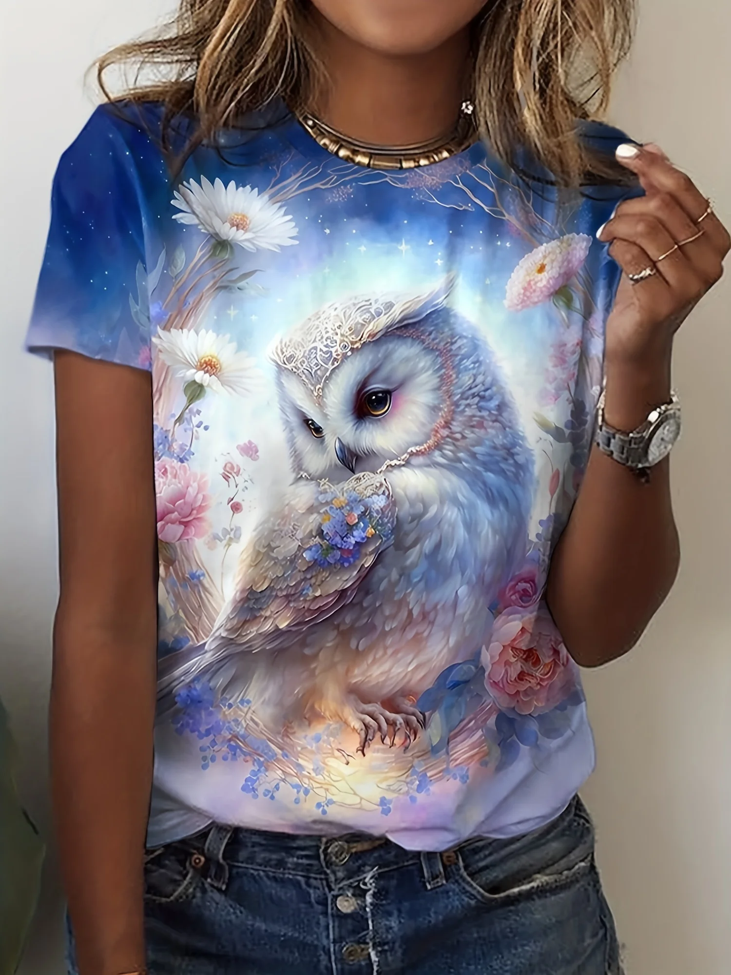 Cute Owl Print T-shirt, Casual Crew Neck Short Sleeve T-shirt, Women’s Clothing