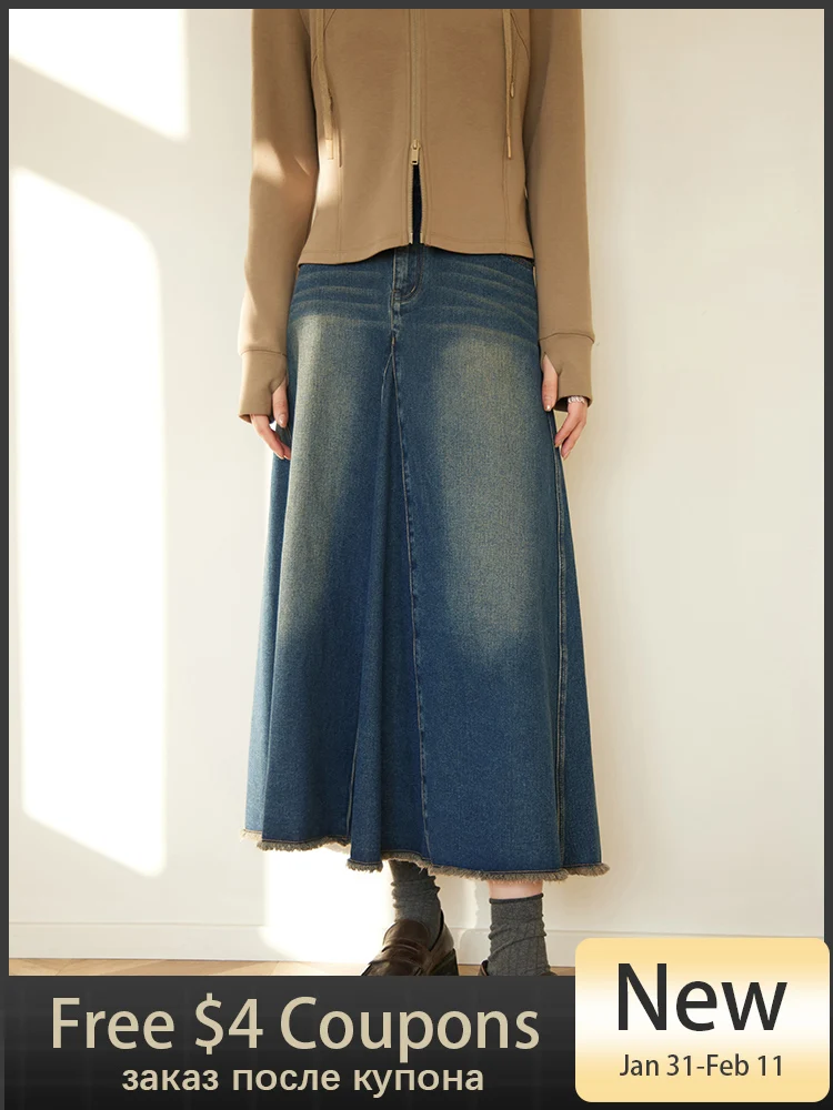 DUSHU Classic Style Retro Ripped Seam Raw Edge Denim Skirt for Women Spring Design High Waist Skirt Female 24DS81009
