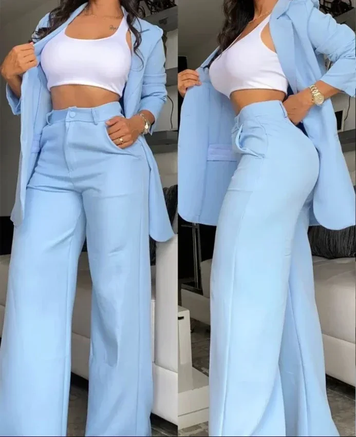Elegant Autumn Women’s Blazer and Pants Two Piece Set Female Outifits Fashion Notched Collar Coat & Pocket Design Trouser Suit