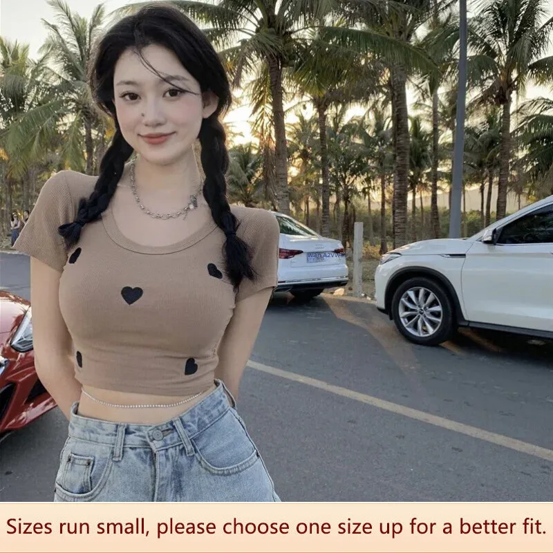 Embroidered Heart T-shirt Women Spicy Girl High Waist Slim Summer Innerwear Short Top Fiber Polyester Fabric Regular Sleeve
