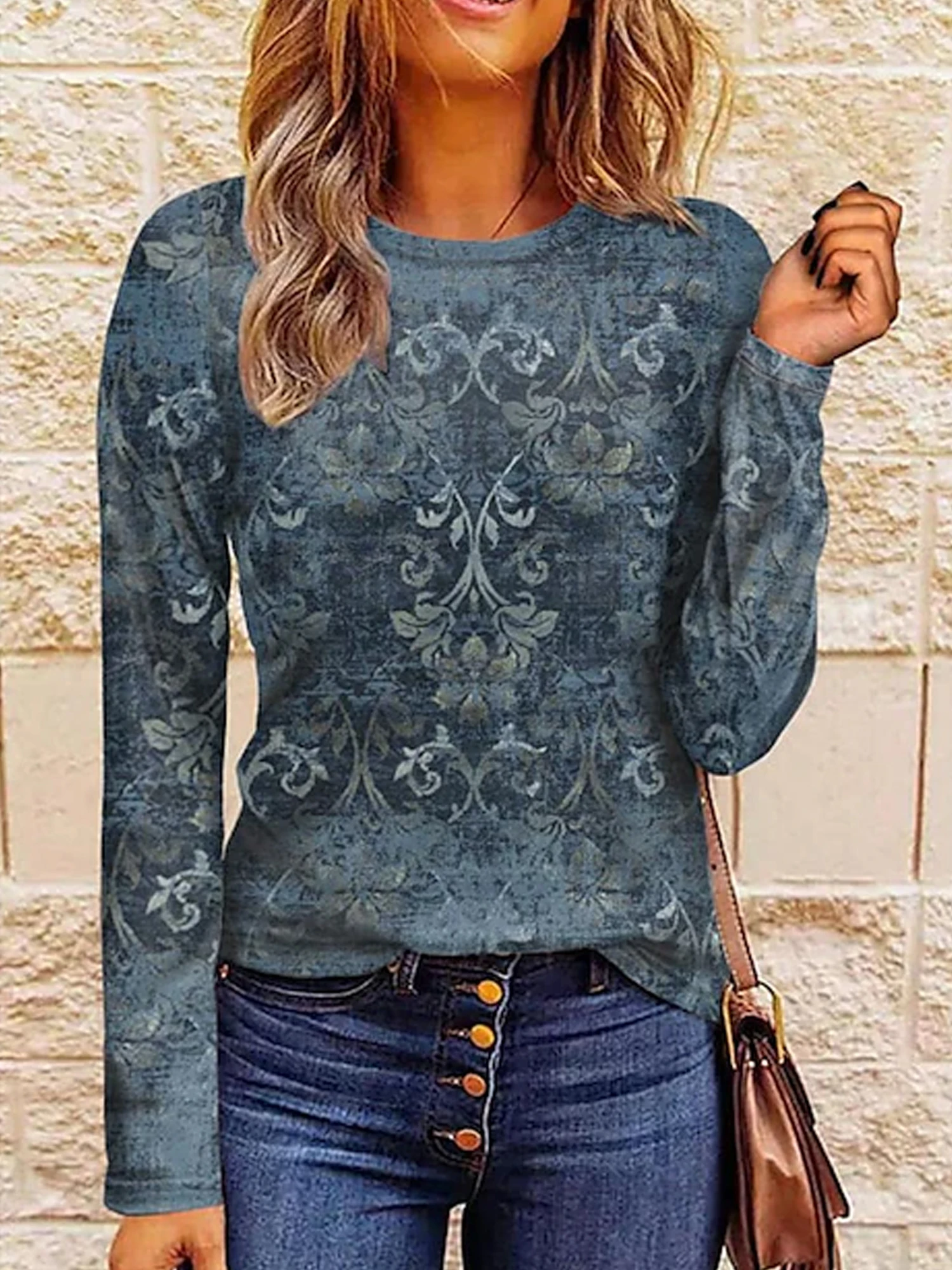 Floral Print Crew Neck T-Shirt, Casual Long Sleeve Top For Spring & Fall, Women’s Clothing
