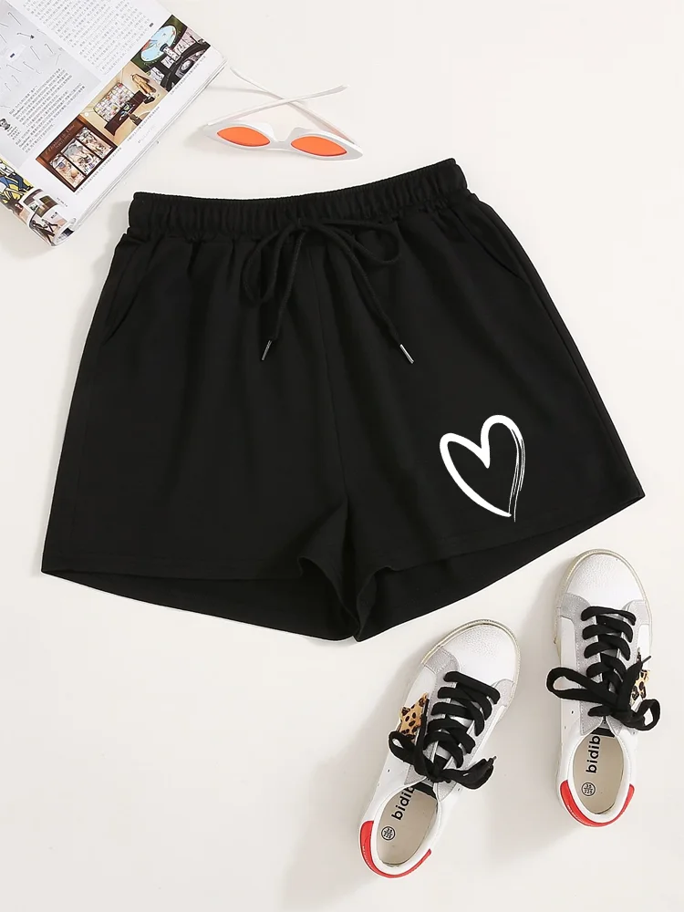 Heart Print Drawstring Shorts, Casual Shorts For Spring & Summer, Women’s Clothing