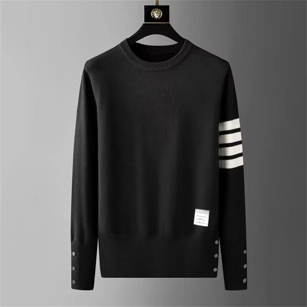 High Quality Brand Men’s O-Neck Wool Sweater Autumn Winter Classic Four Stripe Trend Split Hem Pullover Korean Casual Knitwear