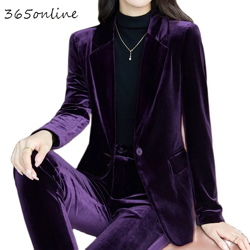 High Quality Fabric Velvet Formal Women Business Suits OL Styles Professional Pantsuits Office Work Wear Autumn Winter Blazers