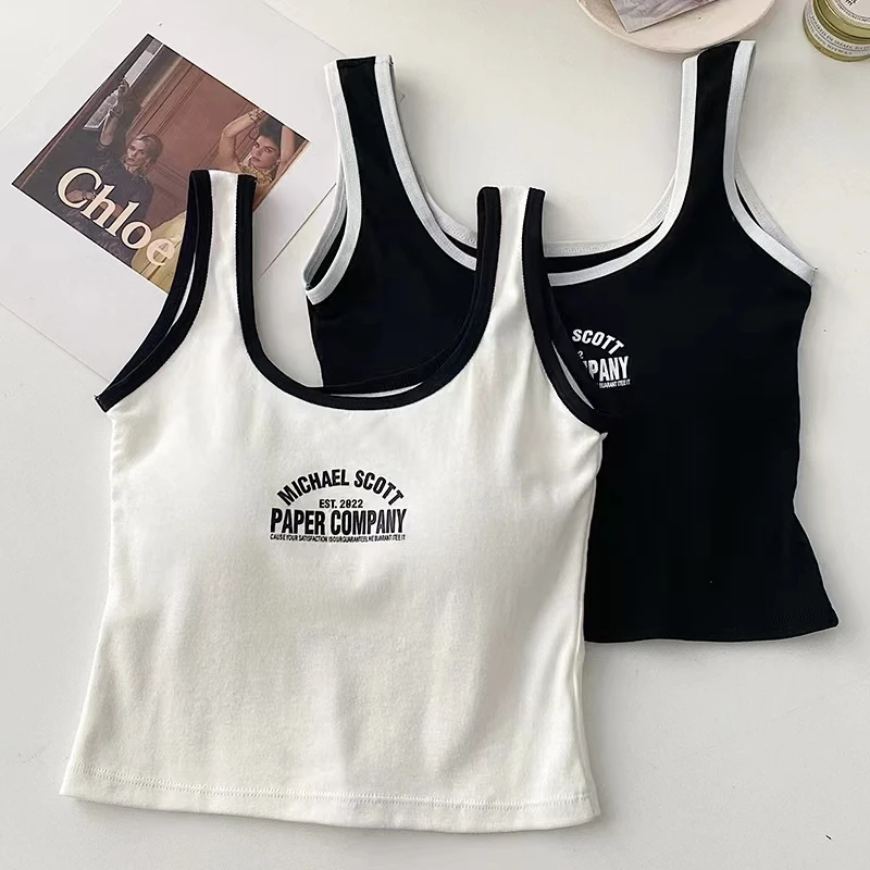 ITOOLIN Cotton Women Letter Printed Tank Tops With Bra Pad Square Neck Elastic Casual Camisole For Women Y2K Crop Tops 2024