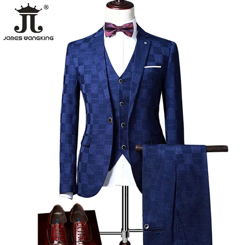( Jacket+Vest+Pants ) Boutique Fashion Plaid Men’s Casual Business Office Suit Three Piece Set Groom’s Wedding Dress Slim Suits