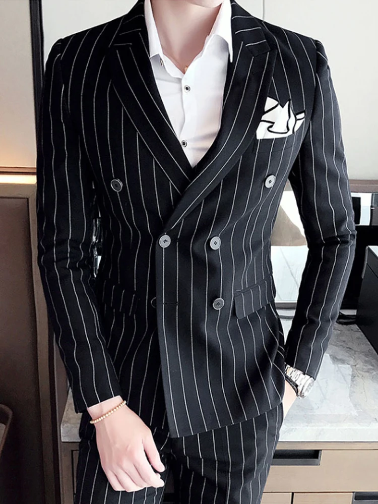 ( Jacket + Vest + Pants ) High-end Brand Men’s Formal Business Blue Black Grey Striped Suit