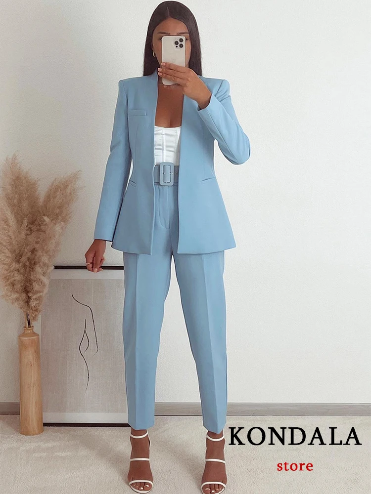 KONDALA Office Lady Light Blue Blazer Suits Women 2 Pieces V Neck Loose Jackets+High Waist Sashes Pants Fashion 2023 Autumn Sets