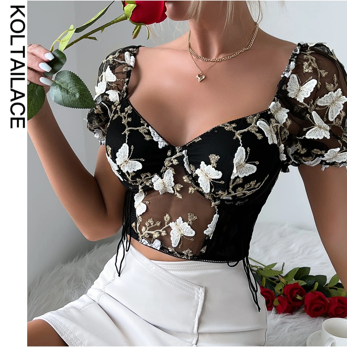 Koltailace Top Corset For Women Sexy Backless Butterfly Embroidery Patchwork Mesh Cropped Palace Restoration Top