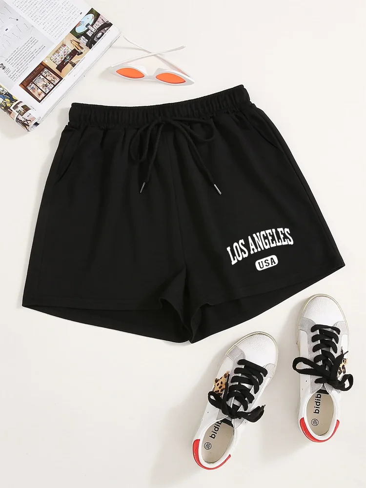 Letter Print Drawstring Shorts, Casual Slant Pockets Shorts For Spring & Summer, Women’s Clothing