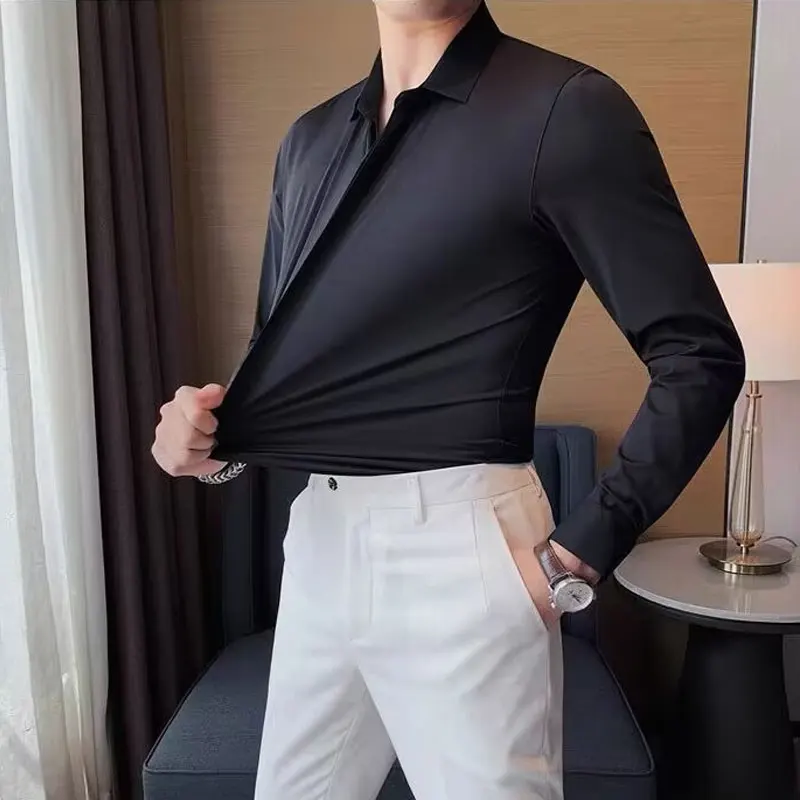 Long-sleeved men’s shirt, high elastic spandex, spring and autumn business casual formal wear, solid color, iron-free, slim fit