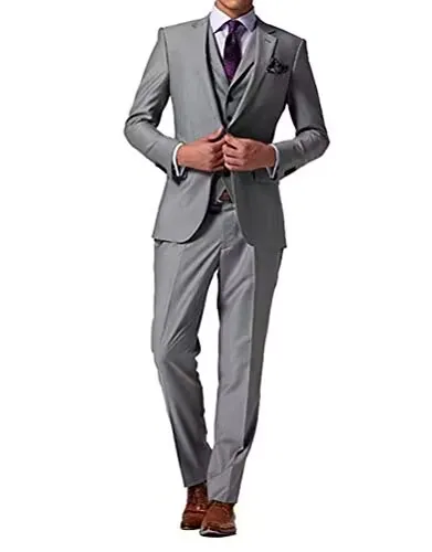 Men Business Suit Sets(Blazer+Vest+Pants) Gray Formal For Work Pantsuit Tuxedo For Wedding Party