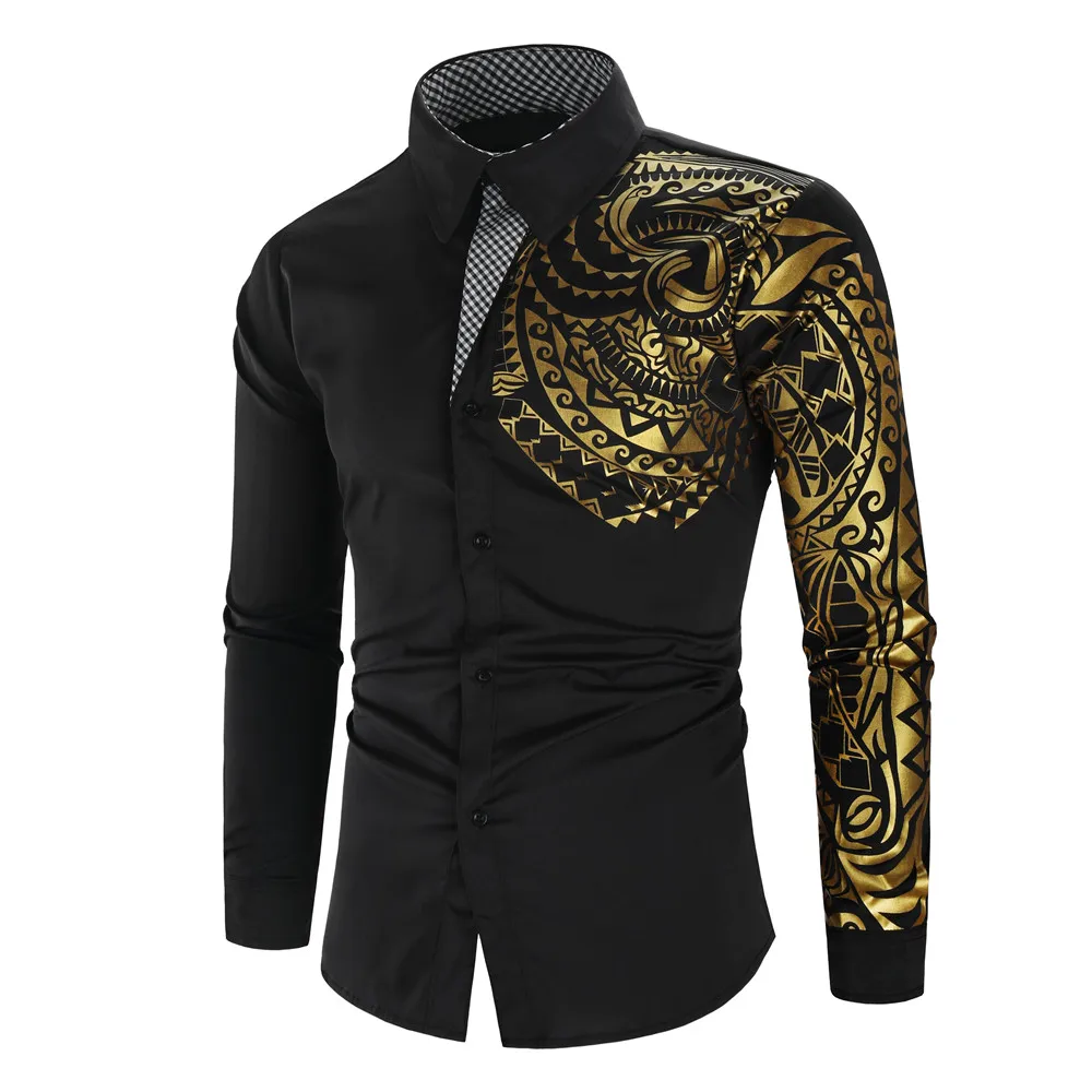 Men’s Clothing Shirt Men’s Luxury Gold High Quality Long Sleeve Shirt Business Dress Black Male Dress Prom Social Print Shirt