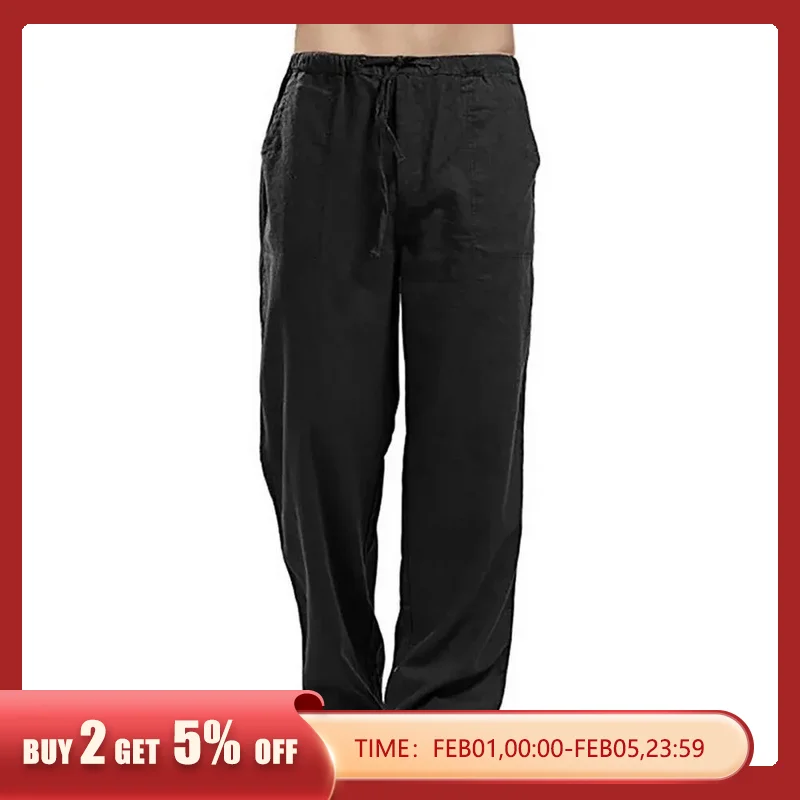 Men’s Cotton Linen Wide Pants Korean Trousers Oversize Cotton Streetwear Male Casual Elastic Waist Lightweight Trousers