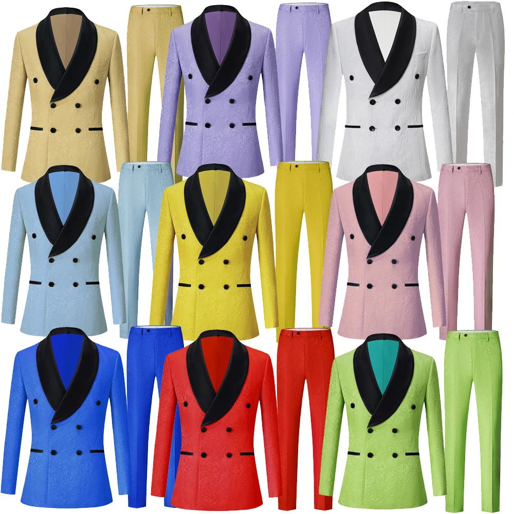Men’s Double Breasted Six Button Groom Tuxedos Shawl Lapel Grooms Man Wedding Casual Business Boutique Flower Print Suits 2PCS
