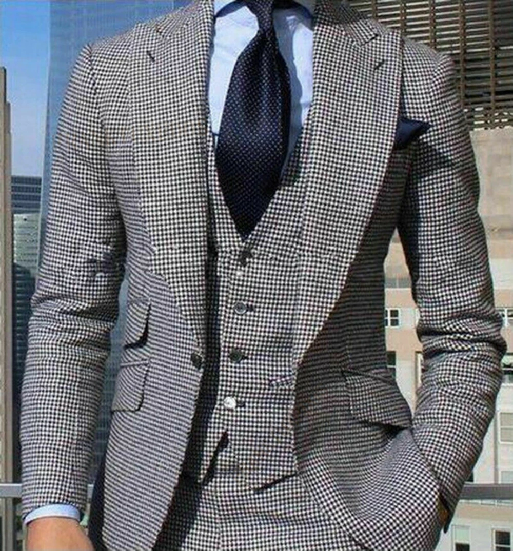 Men’s Houndstooth Suits Single Breasted Slim Fit Formal Groom Tuxedo Set For Wedding/Business Party Prom Fashion Men Clothing