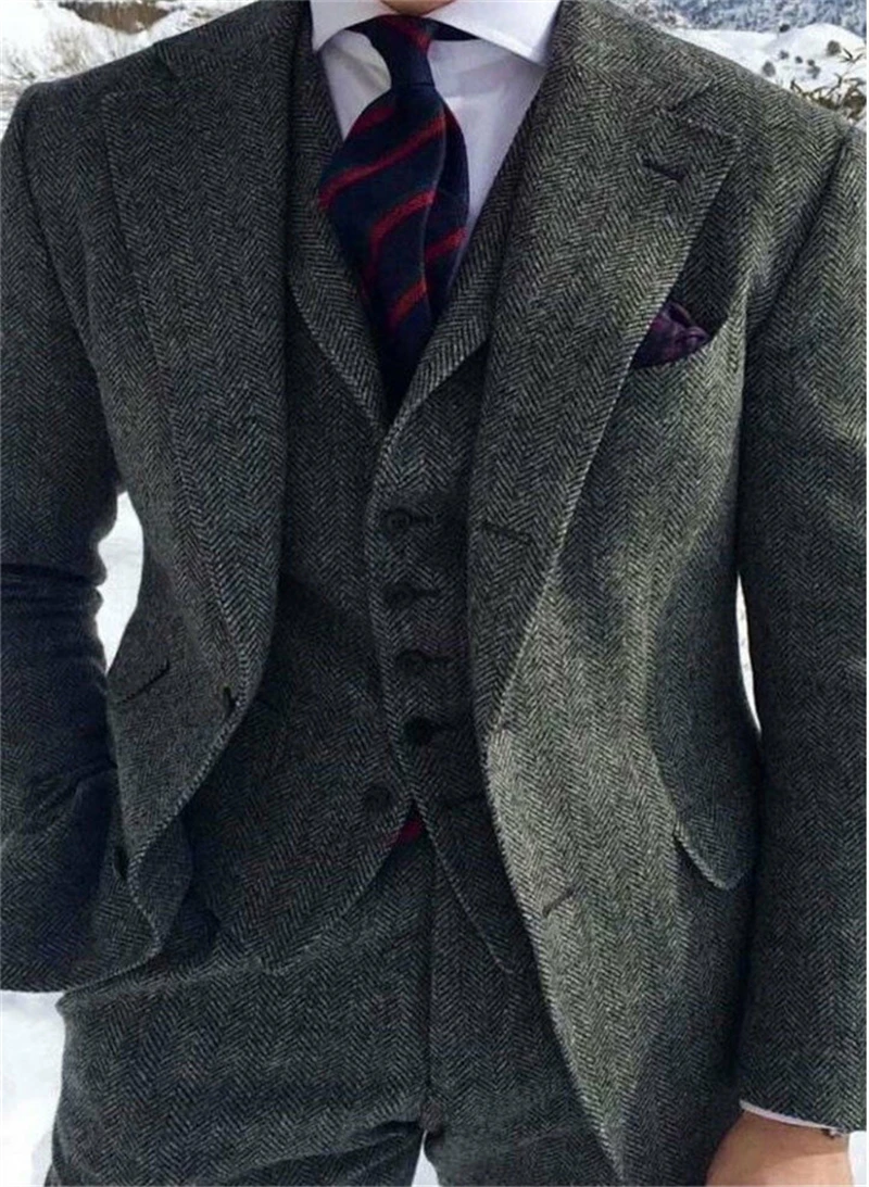 Men’s Suits 3 Pieces Gray Wool Herringbone Slim Fit Casual Formal Business Groomsmen Tweed Tuxedos for Wedding Blazer+Pants+Vest