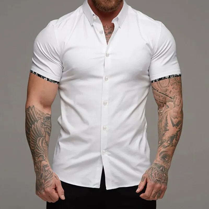 Men’s Summer 2023 Solid Color Business Professional Dress Shirt Floral Cuffs Basic Short Sleeves Black And White Optional