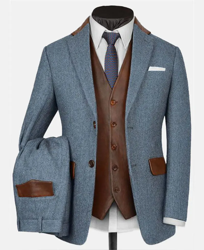 Mens Suit PU Leather Patchwork Notch Lapel Blazer&Vest&Pants 3Pcs Set Simple Business Elegant Fashion Gentleman Suit Slim Blazer