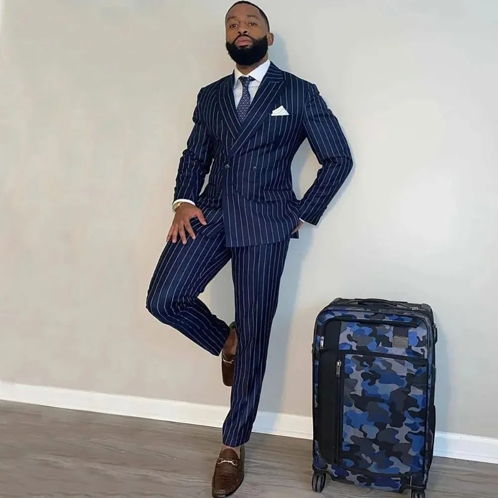 Navy Blue Men Suits Stripe Double Breasted Peak Lapel Regular Length Formal Occasion 2 Piece Jacket Pants Formal Business Set