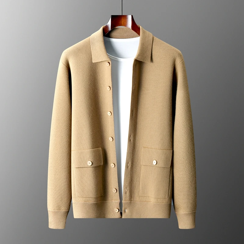 New 2023 Autumn/Winter Cashmere Cardigan Men’s Polo Neck Sweater Long Sleeve Knitted Business Casual Wool Sweater Solid Color