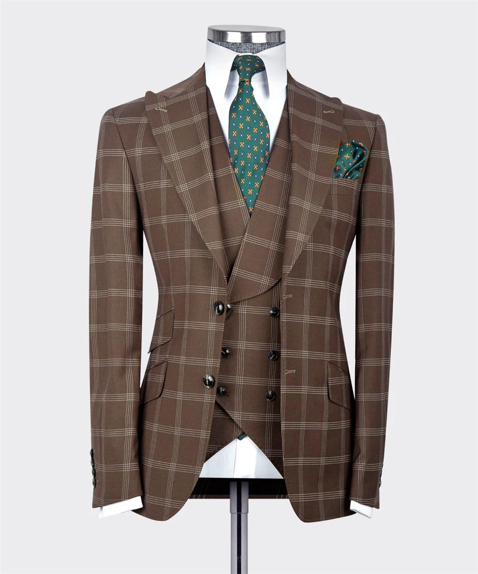 Plaid Fabric Trajes elegante para Hombres Customized 3pcs Blazer Vest Pants Men’s Suit Formal Party Business Wear Male Suits