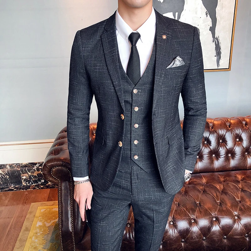 S-7XL ( Blazer + Vest + Pants ) Groom Wedding Dress Dark Plaid Classic Retro Men’s Formal Business Suit Three-Piece Set