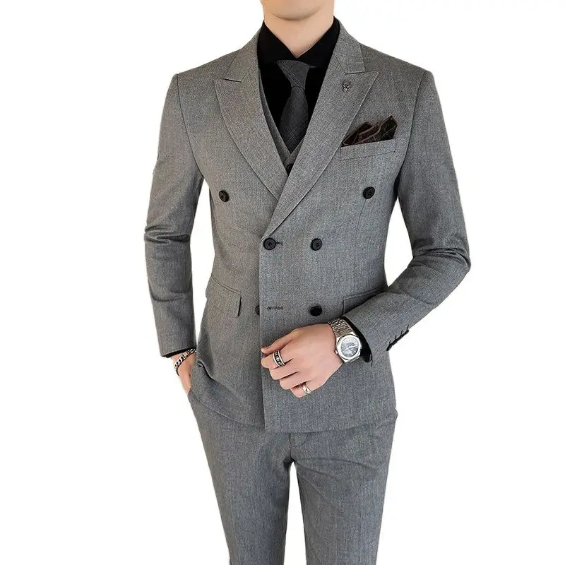 S-7XL (Jacket + Vest + Pants) High-end Bridegroom Wedding Dress Solid Color Double-breasted Suit 3Pcs Mens Formal Business Suit