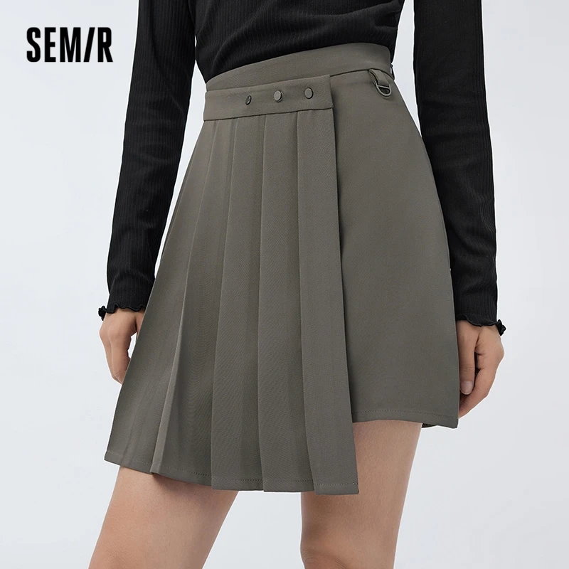 Semir 2023 Women Skirt Spring New Playful Asymmetrical Pleated Skirt Solid Color Sweet Cool A-line Skirt for Women
