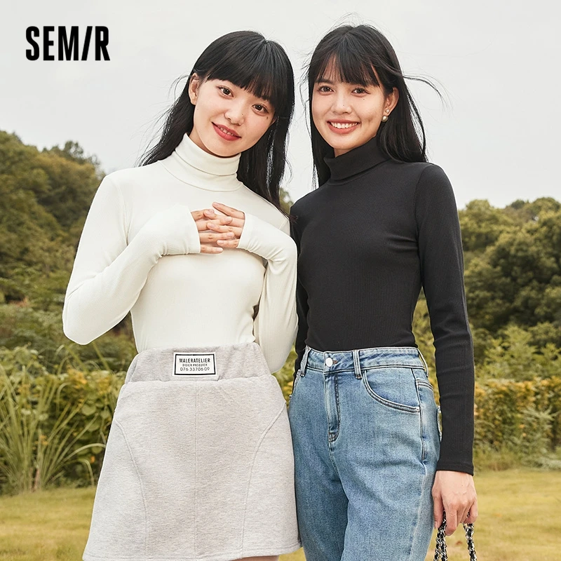 Semir Long Sleeve T-Shirt Women High Neck Solid Velvet Slim 2022 Winter New Basic Pullover Fashion T Shirts