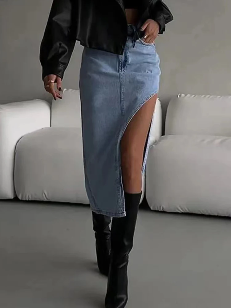 Side Split Skirt Women High Wait Midi Skirt Women 2024 Blue Zipper Solid Fashion Straight Jean Skirt Streetwear Denim Skirt