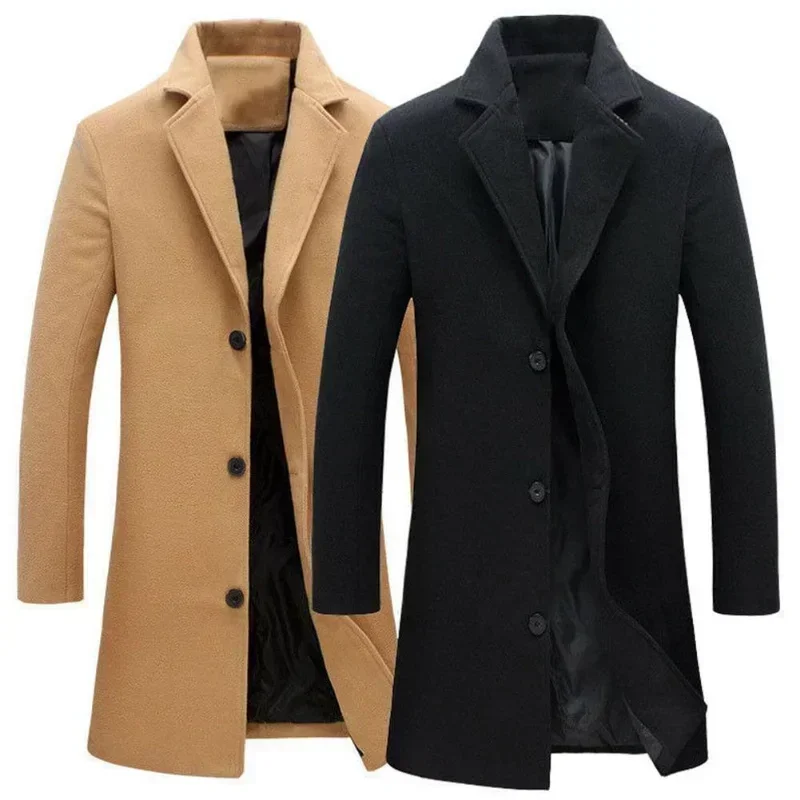 Single Breasted Lapel Long Coat Jacket Fashion Autumn Winter Casual Overcoat Plus Size Trench Men’s Woolen Coats Solid Color