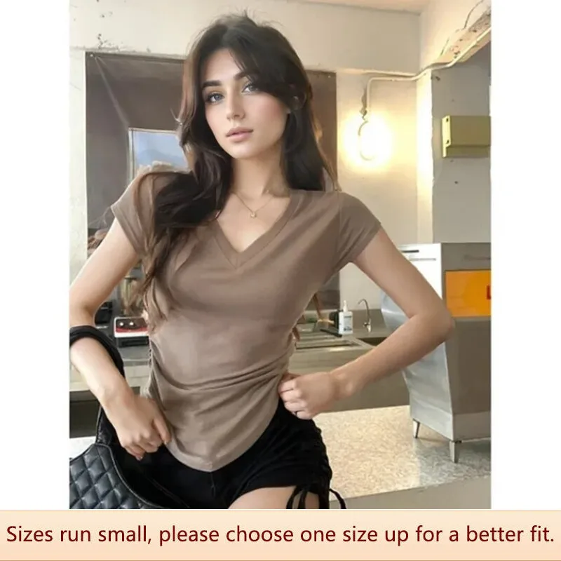 Slim Fit V-neck Short Sleeve T-shirt Women Summer Trendy Student Pure Color Top White Black Khaki Elegant Style