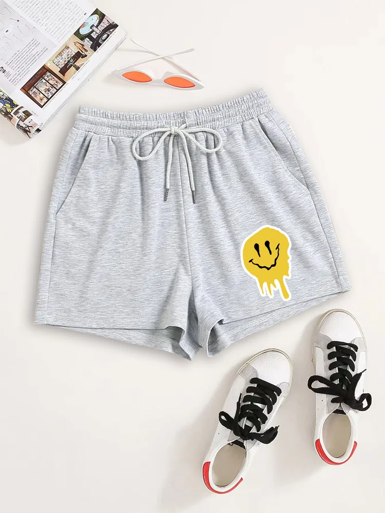 Smiling face printed hot pants, fitness yoga drawstring waist casual shorts, summer and spring, women’s clothing