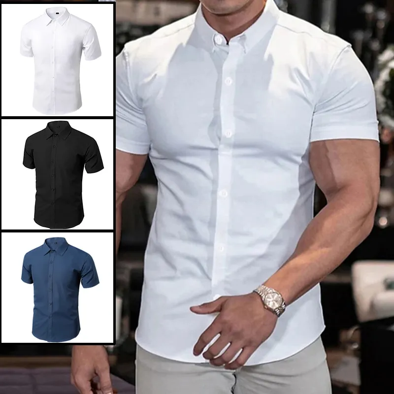 Solid Color Shirt New Summer Men’s No-Ironing Shows Figure Casual Stylish Suit Short XL-XXXL Black White Navy Blue