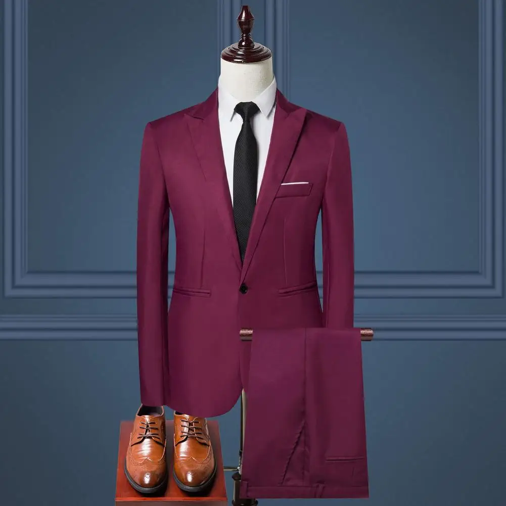 Solid Color Suit Coat Pants Set Men’s Solid Color Business Workwear 2pcs Set Lapel Long Sleeve Slim Fit Mid-rise Long Pants