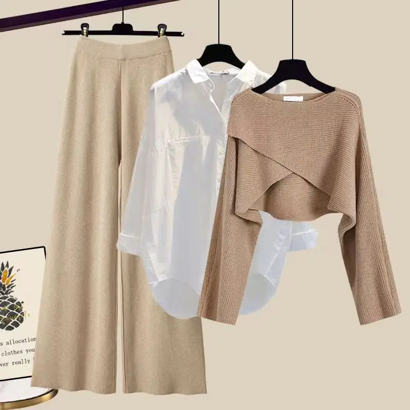 Spring Autumn Women’s Set Three Piece Loose Shirt+Solid Sweater+High Waist Wide Leg Pants Retro Casual Three Piece Set