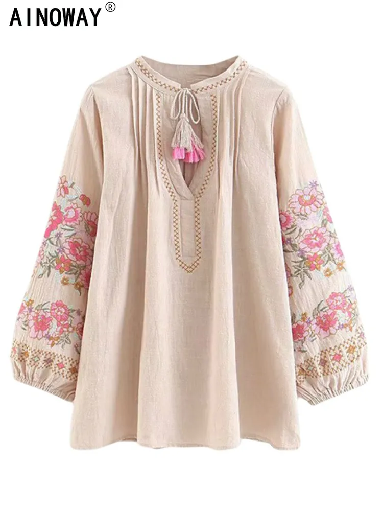 Spring Fashion Women Tassel Floral Embroidery Linen Cotton Beach Bohemian Blouse Shirts Tops Long Sleeve Loose Boho Shirt