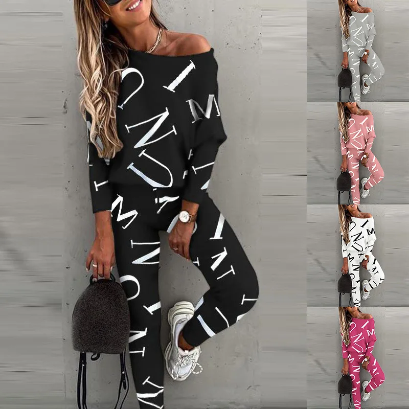 Spring New Style of Europe and the United States Women’s Letters Printed Long-sleeved Trousers Casual Suit
