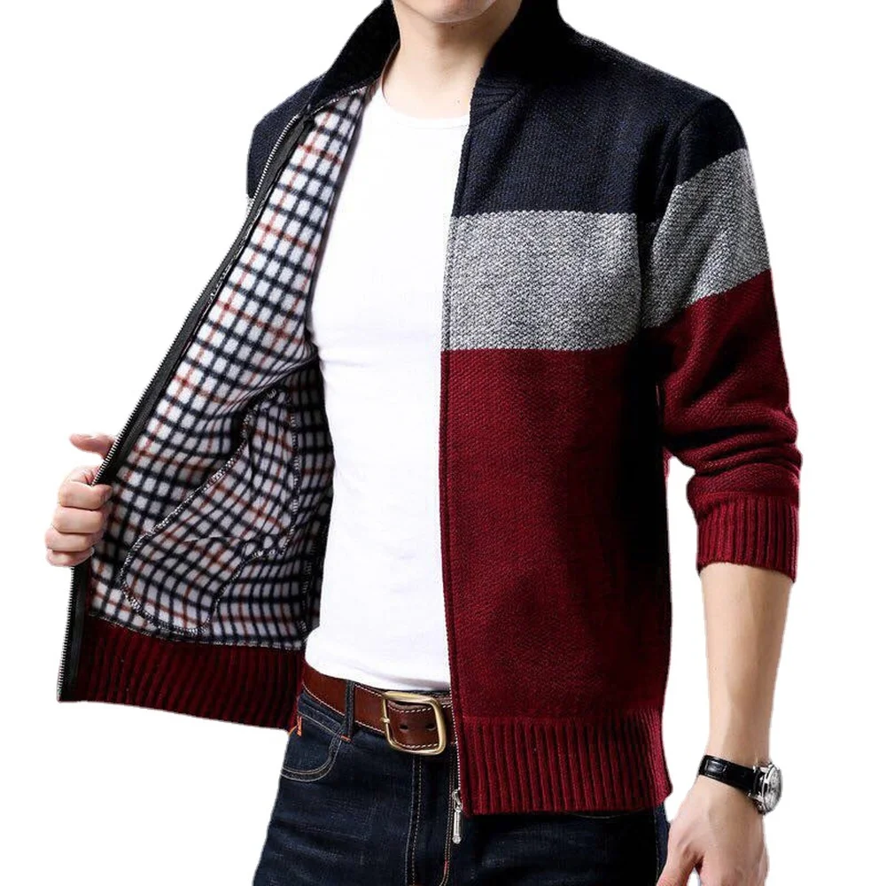 Spring Winter New Men’s Cardigan Single-Breasted Fashion Knit Plus Size Sweater Stitching Colorblock Stand Collar Coats Jackets