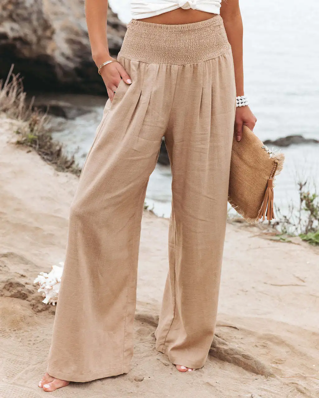 Summer Cotton Linen Wide Leg Pants Women Casual Solid Pockets Beach Loose Trousers Streetwear Elastic Waist Office Lady Pants