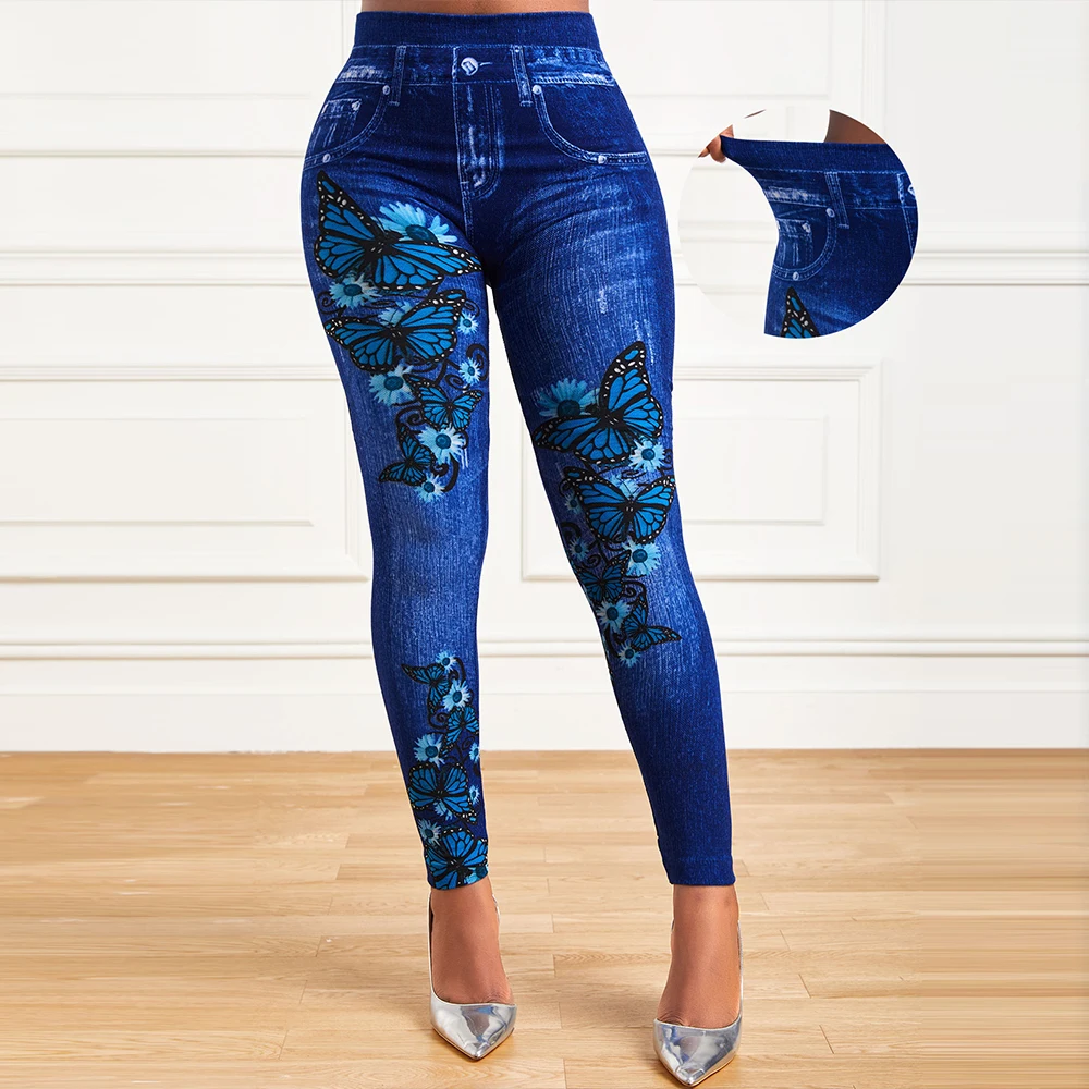 Summer New Elastic High Waist leggings Women Faux Denim Butterfly Printed Slim Leggings Ladies Casual Street Sports Skinny Pants