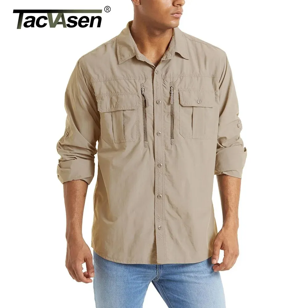 TACVASEN Summer Tactical Shirts Men’s Back Mesh Breathable Long Sleeve Work Cargo Shirts Outdoor Quick Dry Hiking Fishing Shirt