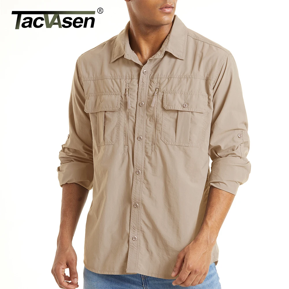 TACVASEN With 2 Chest Zipper Pockets Tactical Shirt Men’s Quick Drying Skin Protective Long Sleeve Shirt Team Work Tops Outdoor